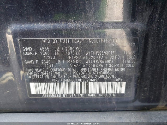 2013 Subaru Outback 2.5i Premium მანქანა იყიდება აუქციონზე, vin: 4S4BRBCC0D3323609, აუქციონის ნომერი: 45777287