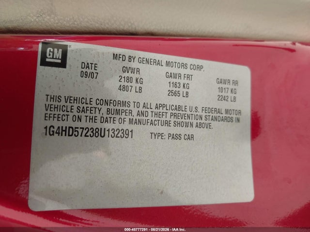 Продажа на аукционе авто 2008 Buick Lucerne Cxl, vin: 1G4HD57238U132391, номер лота: 45777291