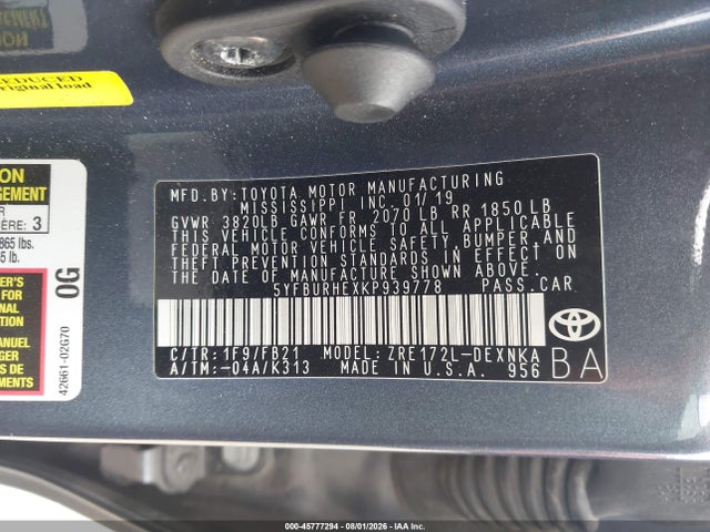 Продажа на аукционе авто 2019 Toyota Corolla Le, vin: 5YFBURHEXKP939778, номер лота: 45777294