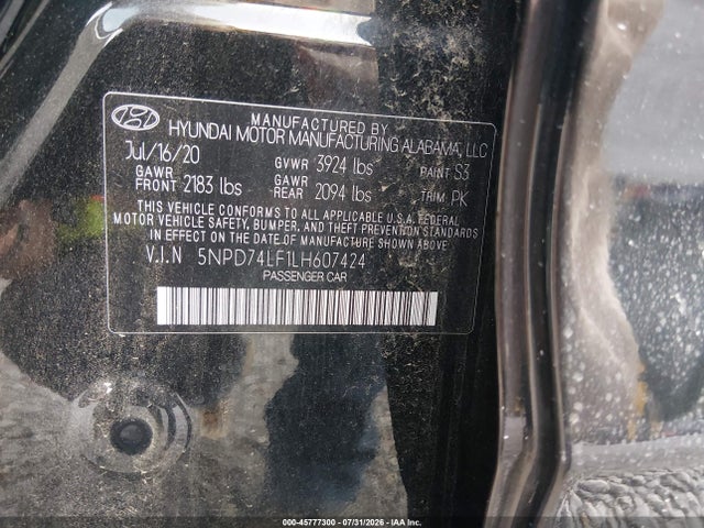 2020 Hyundai Elantra Se მანქანა იყიდება აუქციონზე, vin: 5NPD74LF1LH607424, აუქციონის ნომერი: 45777300