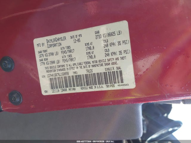 45777304 :رقم المزاد ، 1D7HA16K76J160898 vin ، 2006 Dodge Ram 1500 St مزاد بيع