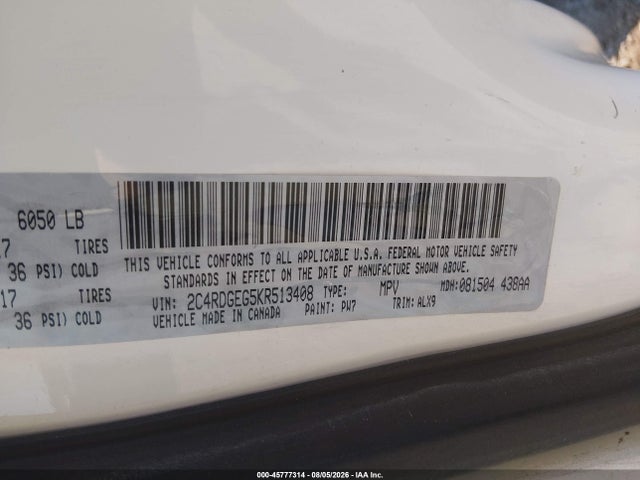 45777314 :رقم المزاد ، 2C4RDGEG5KR513408 vin ، 2019 Dodge Grand Caravan Gt مزاد بيع