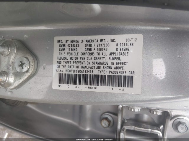 2012 Honda Accord 2.4 Se მანქანა იყიდება აუქციონზე, vin: 1HGCP2F69CA133498, აუქციონის ნომერი: 45777318