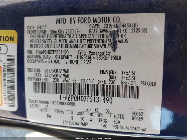 1FA6P0HD7F5131490 Ford FUSION SE