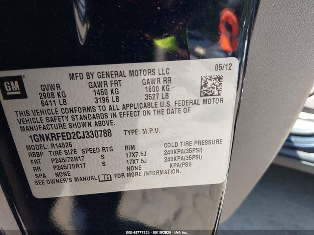 Aukcja sprzedaży 2012 Chevrolet Traverse Ls, vin: 1GNKRFED2CJ330788, numer aukcji: 45777324
