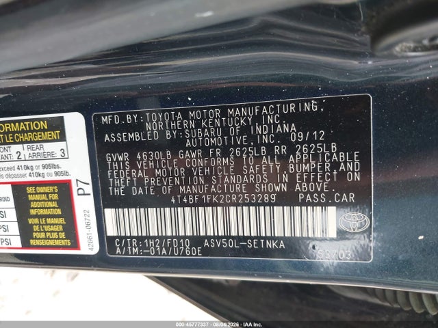 45777337 :رقم المزاد ، 4T4BF1FK2CR253289 vin ، 2012 Toyota Camry Le مزاد بيع
