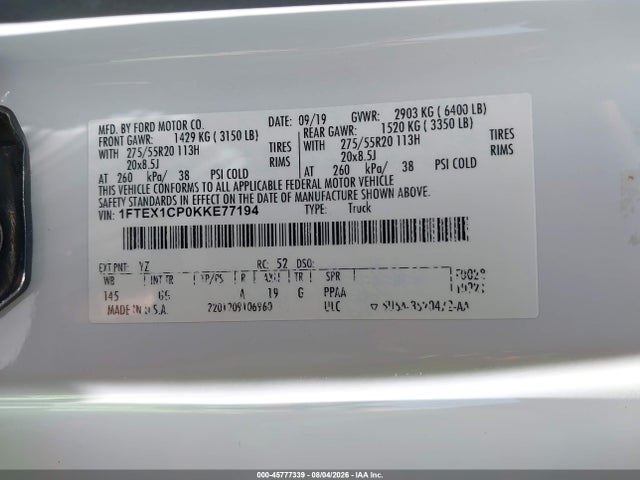 45777339 :رقم المزاد ، 1FTEX1CP0KKE77194 vin ، 2019 Ford F-150 Xl مزاد بيع
