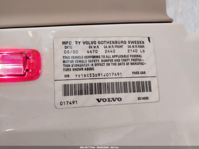 45777344 :رقم المزاد ، YV1NC53D91J017491 vin ، 2001 Volvo C70 Ht مزاد بيع