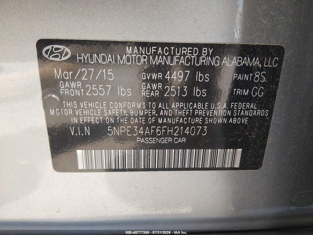 Aukcja sprzedaży 2015 Hyundai Sonata Sport, vin: 5NPE34AF6FH214073, numer aukcji: 45777350