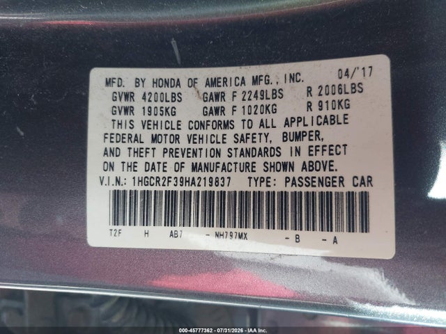 45777362 :رقم المزاد ، 1HGCR2F39HA219837 vin ، 2017 Honda Accord Lx مزاد بيع