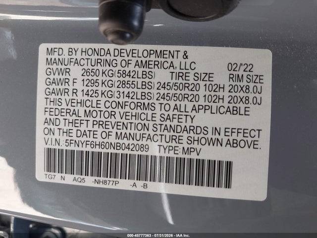 5FNYF6H60NB042089 Honda Pilot Awd Touring 7 Passenger