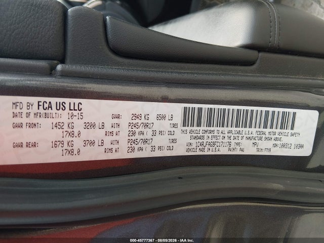 2015 Jeep Grand Cherokee Laredo მანქანა იყიდება აუქციონზე, vin: 1C4RJFAG9FC171176, აუქციონის ნომერი: 45777367