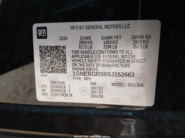 1GNERGRS9SJ152663 Chevrolet Traverse Fwd Lt