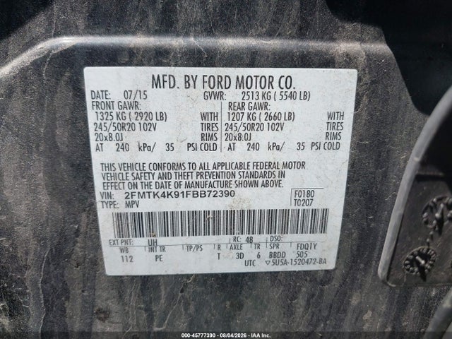 45777390 :رقم المزاد ، 2FMTK4K91FBB72390 vin ، 2015 Ford Edge Titanium مزاد بيع