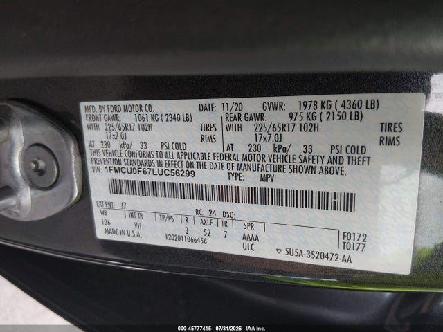 45777415 :رقم المزاد ، 1FMCU0F67LUC56299 vin ، 2020 Ford Escape S مزاد بيع