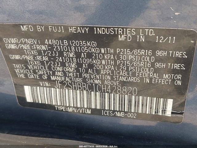 Продаж на аукціоні авто 2012 Subaru Forester 2.5x, vin: JF2SHBBC1CH428820, номер лоту: 45777418