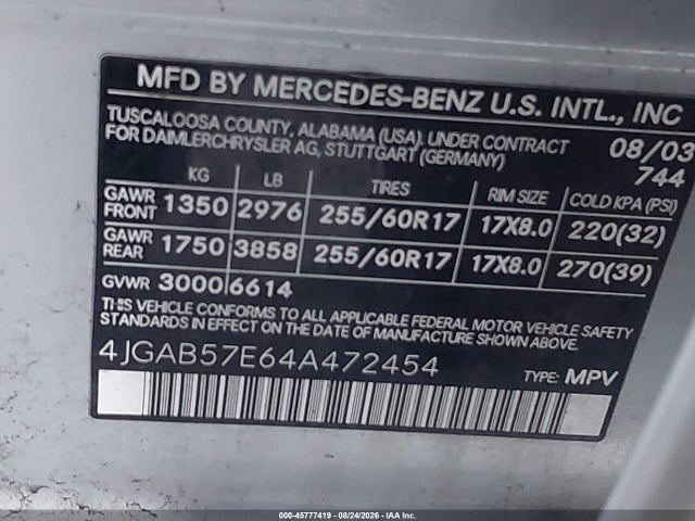 Продаж на аукціоні авто 2004 Mercedes-benz Ml 350 4matic, vin: 4JGAB57E64A472454, номер лоту: 45777419