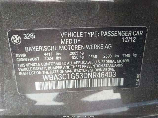 45777423 :رقم المزاد ، WBA3C1G53DNR46403 vin ، 2013 Bmw 328i مزاد بيع