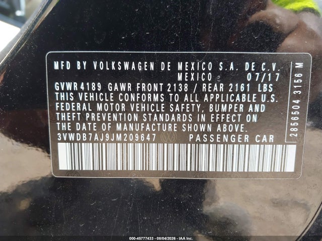 45777433 :رقم المزاد ، 3VWDB7AJ9JM209647 vin ، 2018 Volkswagen Jetta 1.4t Se/1.4t Wolfsburg Edition مزاد بيع