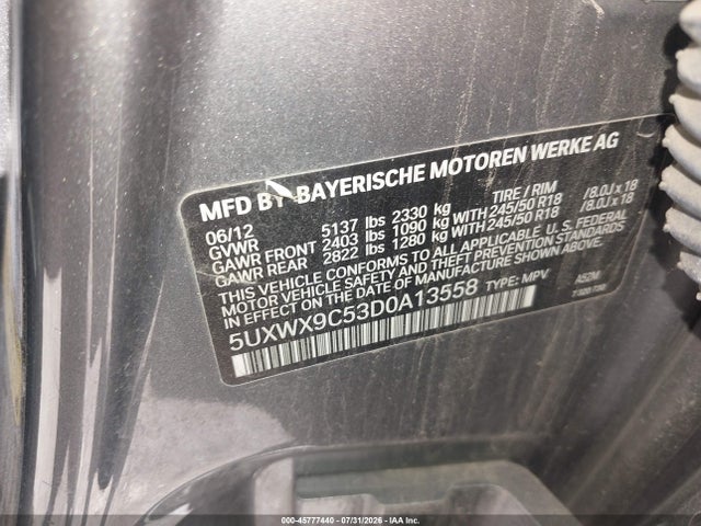 45777440 :رقم المزاد ، 5UXWX9C53D0A13558 vin ، 2013 Bmw X3 Xdrive28i مزاد بيع