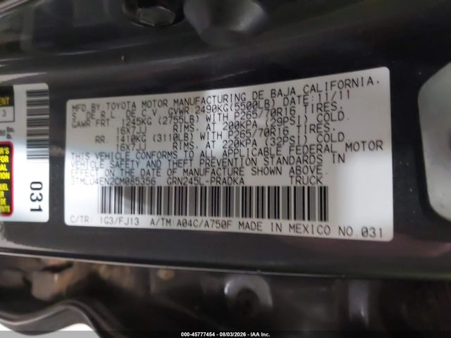45777454 :رقم المزاد ، 3TMLU4EN2CM085356 vin ، 2012 Toyota Tacoma Base V6 مزاد بيع