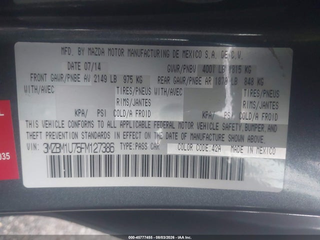 45777455 :رقم المزاد ، 3MZBM1U75FM127386 vin ، 2015 Mazda Mazda3 I Sport مزاد بيع