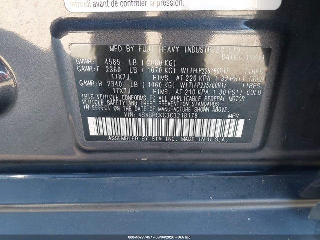 Продаж на аукціоні авто 2012 Subaru Outback 2.5i Limited, vin: 4S4BRCKC3C3218178, номер лоту: 45777457