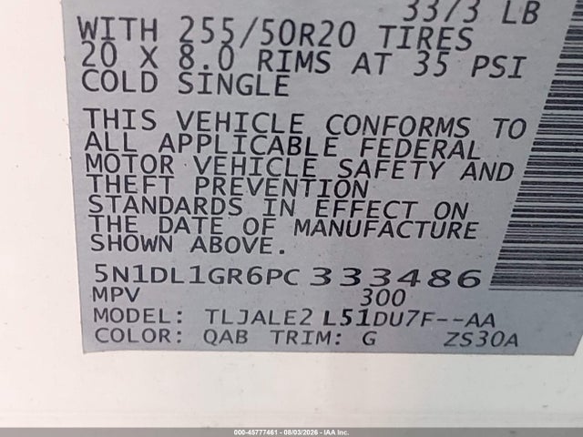 45777461 :رقم المزاد ، 5N1DL1GR6PC333486 vin ، 2023 Infiniti Qx60 Sensory مزاد بيع