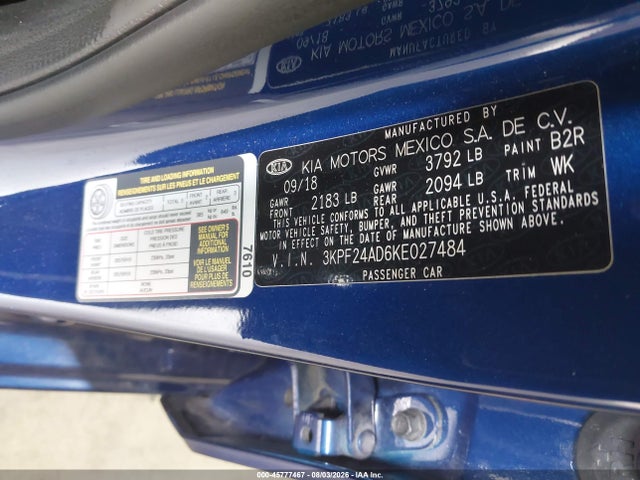 Продажа на аукционе авто 2019 Kia Forte Lxs, vin: 3KPF24AD6KE027484, номер лота: 45777467