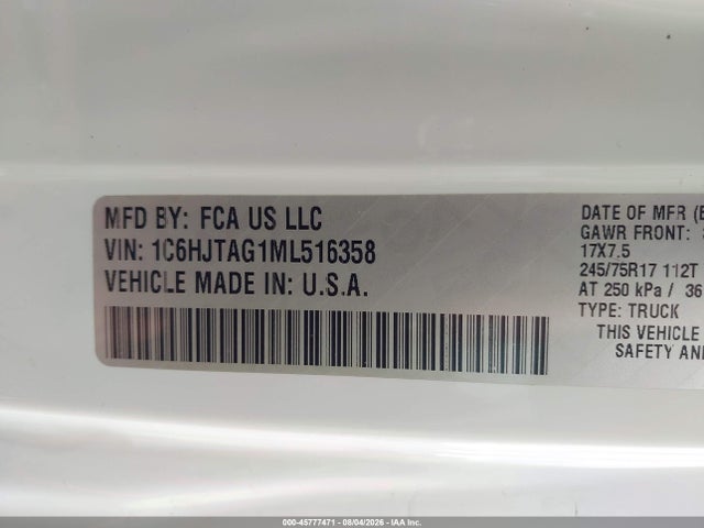 Продажа на аукционе авто 2021 Jeep Gladiator Sport S 4x4, vin: 1C6HJTAG1ML516358, номер лота: 45777471