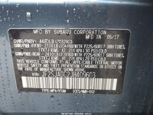 2018 Subaru Forester 2.5i Premium მანქანა იყიდება აუქციონზე, vin: JF2SJAGC2JH409603, აუქციონის ნომერი: 45777483