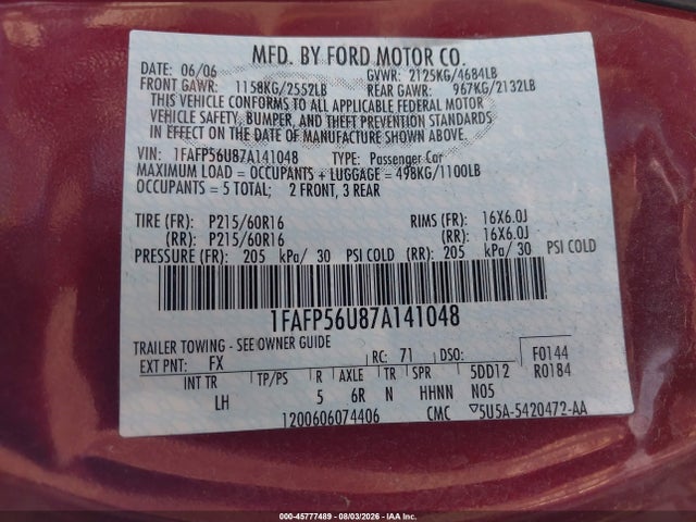 Продажа на аукционе авто 2007 Ford Taurus Sel, vin: 1FAFP56U87A141048, номер лота: 45777489