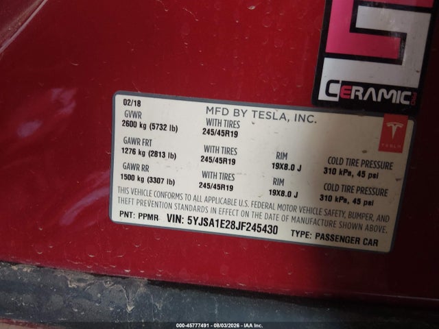 Tesla Model S 100d/75d/p100d 2018 5YJSA1E28JF245430 Image 9
