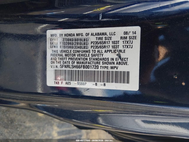 5FNRL5H66FB001720 Honda Odyssey Ex-l