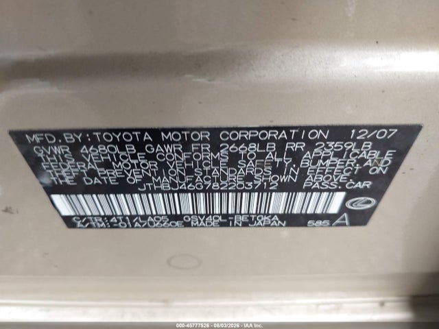Aukcja sprzedaży 2008 Lexus Es 350, vin: JTHBJ46G782203712, numer aukcji: 45777526