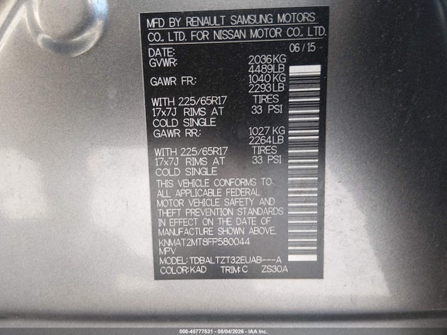 2015 Nissan Rogue Sv მანქანა იყიდება აუქციონზე, vin: KNMAT2MT8FP580044, აუქციონის ნომერი: 45777531