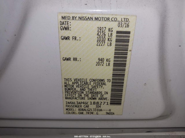 2016 Nissan Altima 2.5 S მანქანა იყიდება აუქციონზე, vin: 1N4AL3AP4GC188271, აუქციონის ნომერი: 45777534