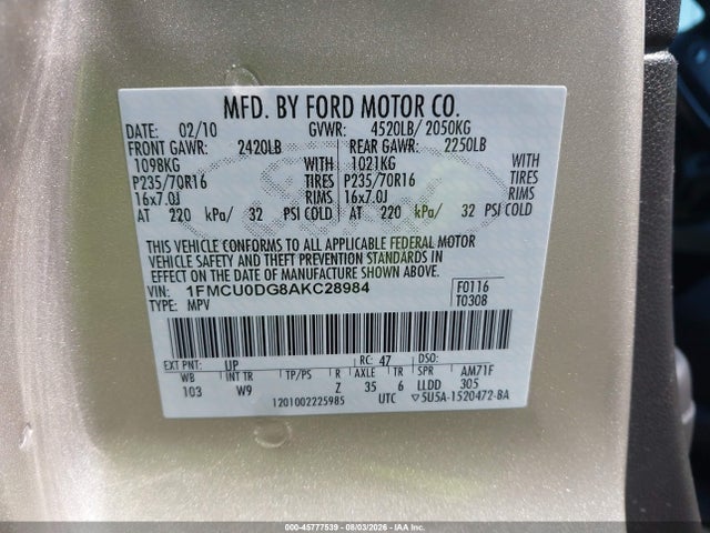 Aukcja sprzedaży 2010 Ford Escape Xlt, vin: 1FMCU0DG8AKC28984, numer aukcji: 45777539