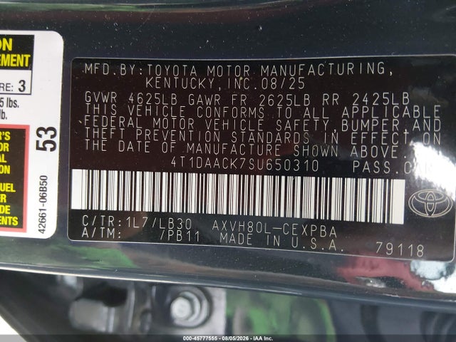 Продажа на аукционе авто 2025 Toyota Camry Xse, vin: 4T1DAACK7SU650310, номер лота: 45777555