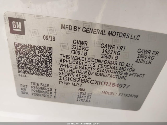 Aukcja sprzedaży 2019 Gmc Yukon Slt, vin: 1GKS2BKCXKR164977, numer aukcji: 45777561
