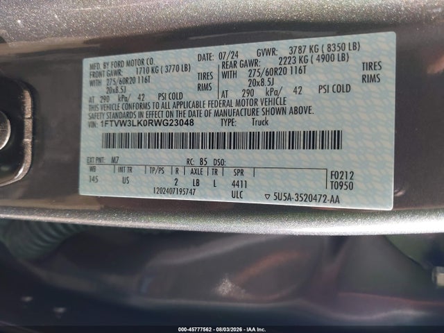 Aukcja sprzedaży 2024 Ford F-150 Lightning Xlt, vin: 1FTVW3LK0RWG23048, numer aukcji: 45777562