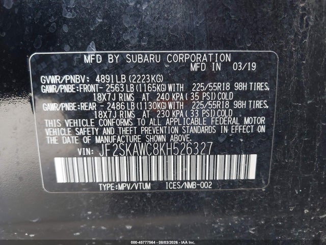 Продаж на аукціоні авто 2019 Subaru Forester Touring, vin: JF2SKAWC8KH526327, номер лоту: 45777564