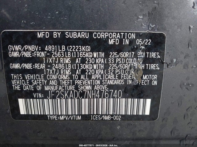 Aukcja sprzedaży 2022 Subaru Forester Premium, vin: JF2SKADC7NH476740, numer aukcji: 45777571