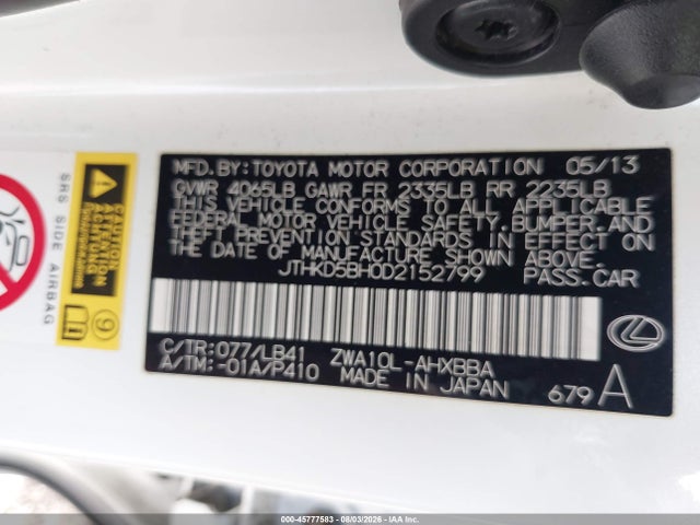 45777583 :رقم المزاد ، JTHKD5BHOD2152799 vin ، 2013 Lexus Ct 200h مزاد بيع