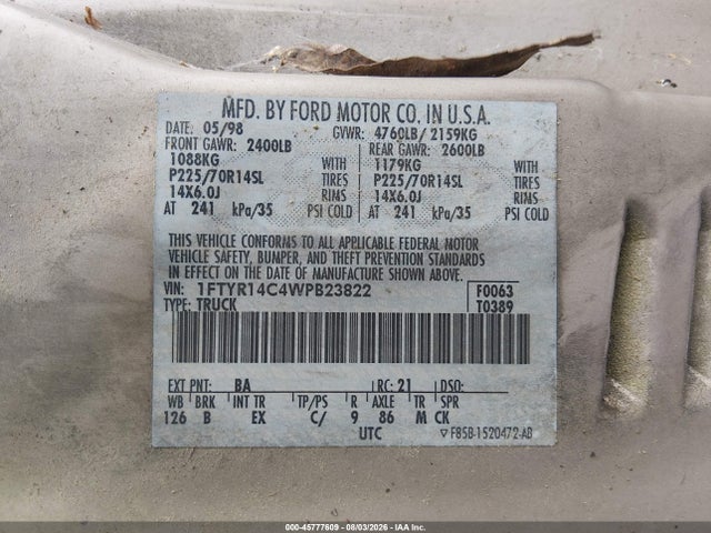 1998 Ford Ranger Xl/xlt მანქანა იყიდება აუქციონზე, vin: 1FTYR14C4WPB23822, აუქციონის ნომერი: 45777609