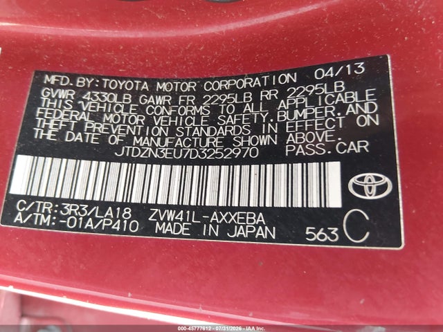 45777612 :رقم المزاد ، JTDZN3EU7D3252970 vin ، 2013 Toyota Prius V Five مزاد بيع
