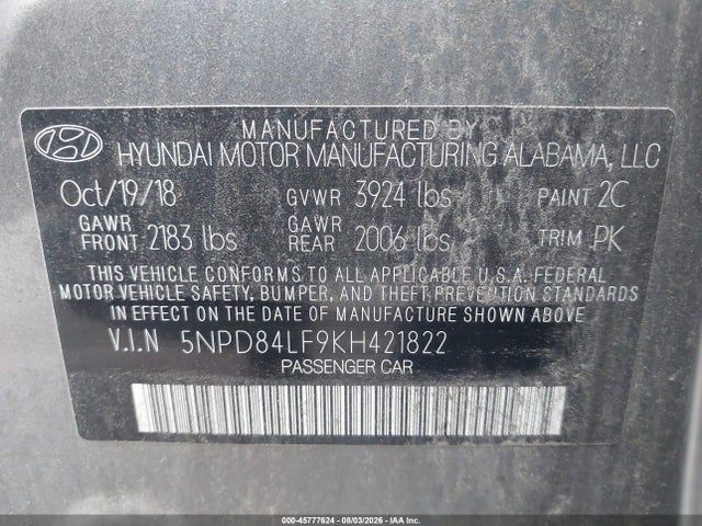 2019 Hyundai Elantra Sel მანქანა იყიდება აუქციონზე, vin: 5NPD84LF9KH421822, აუქციონის ნომერი: 45777624