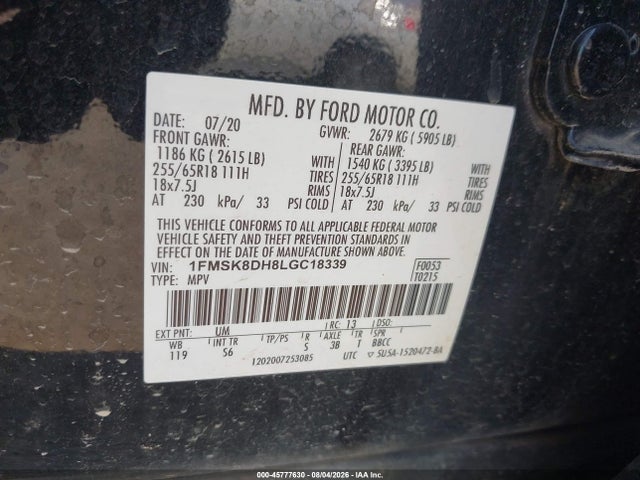 Aukcja sprzedaży 2020 Ford Explorer Xlt, vin: 1FMSK8DH8LGC18339, numer aukcji: 45777630