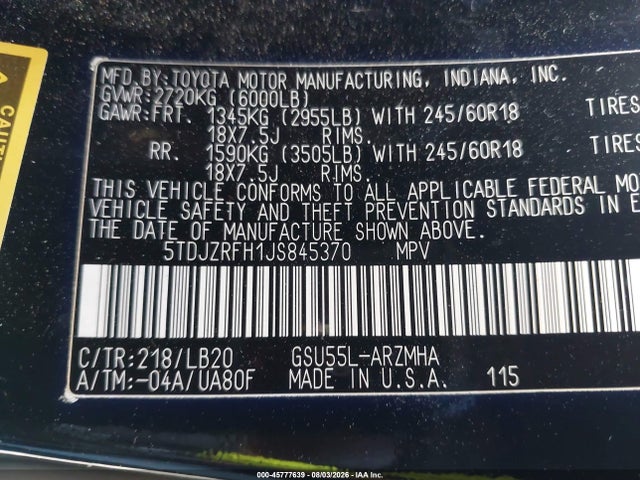 2018 Toyota Highlander Xle მანქანა იყიდება აუქციონზე, vin: 5TDJZRFH1JS845370, აუქციონის ნომერი: 45777639