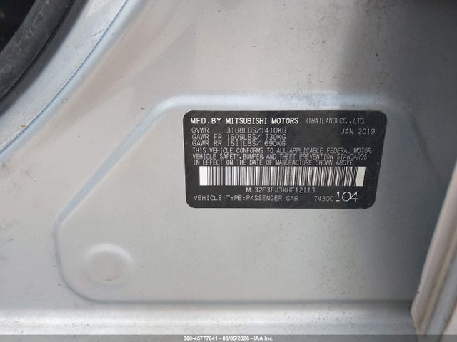 45777641 :رقم المزاد ، ML32F3FJ3KHF12113 vin ، 2019 Mitsubishi Mirage G4 Rf مزاد بيع